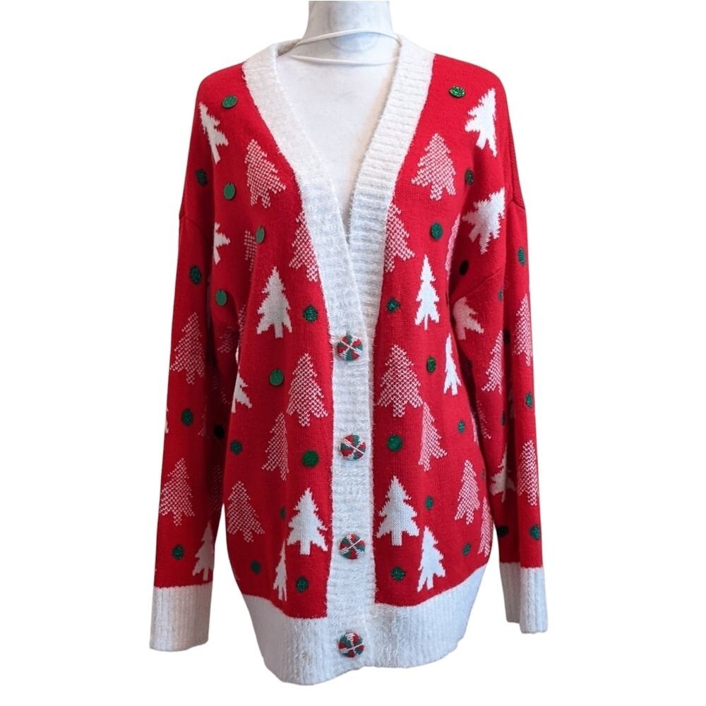 Christmas Cardigan Sweater Red White Long Trees Peppermint not ugly Large